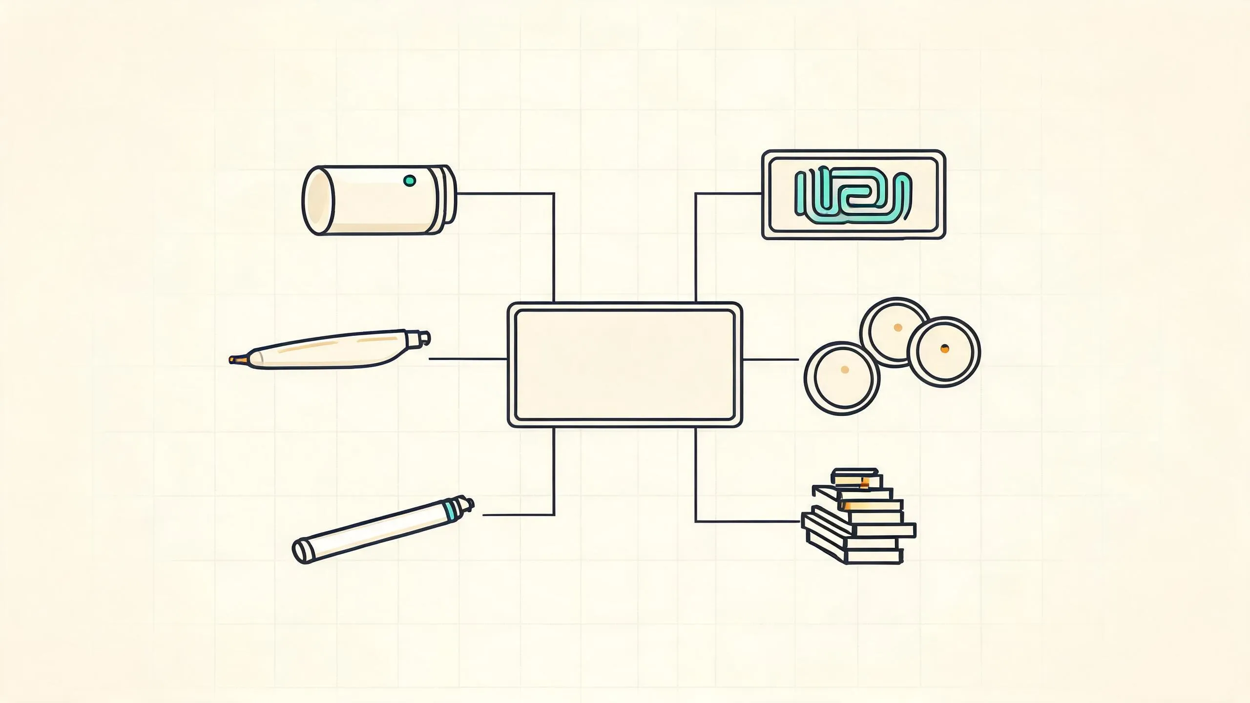 Schematic: an aesthetic laser system split into modules, from laser source and cooling unit to handpieces, filters and spare parts